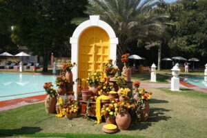 Draped fabric and luxury decorating the outdoor wedding ceremony space in ranchi.